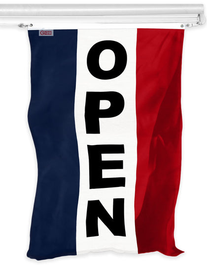 G128 Open Vertical Flag 3x5ft with vibrant colors for storefront visibility