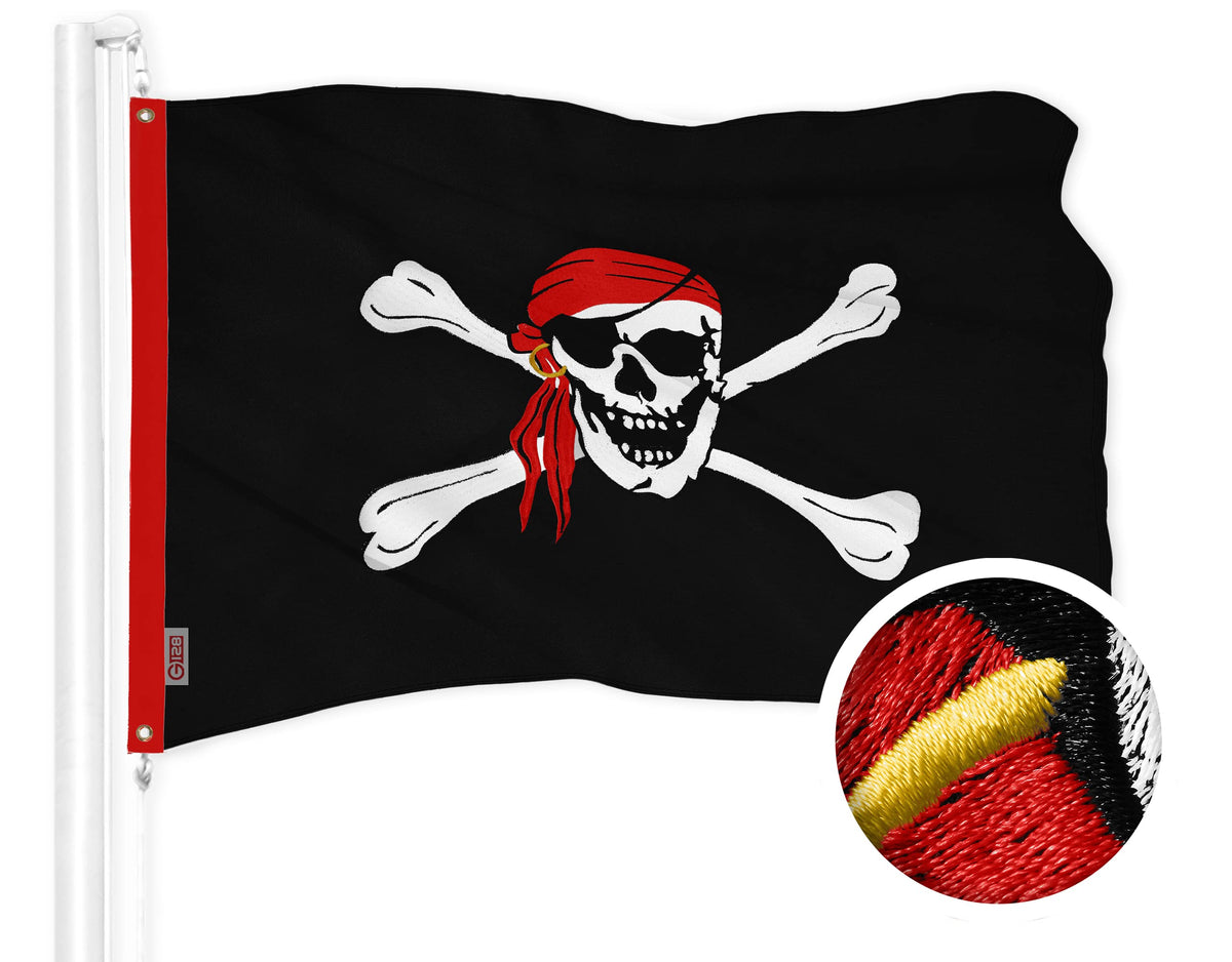 G128 Pirate Jolly Roger flag with red head scarf embroidery for outdoor or indoor display