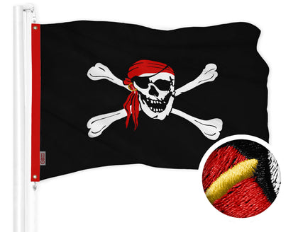 G128 Pirate Jolly Roger flag with red head scarf embroidery for outdoor or indoor display