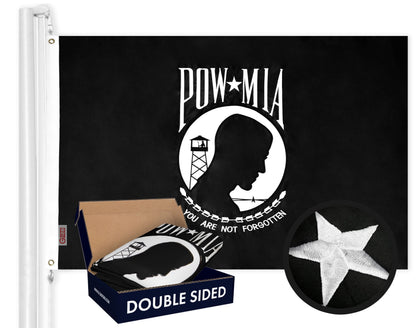 G128 POW MIA flag 3x5ft front view with double-sided embroidery for clear readability.