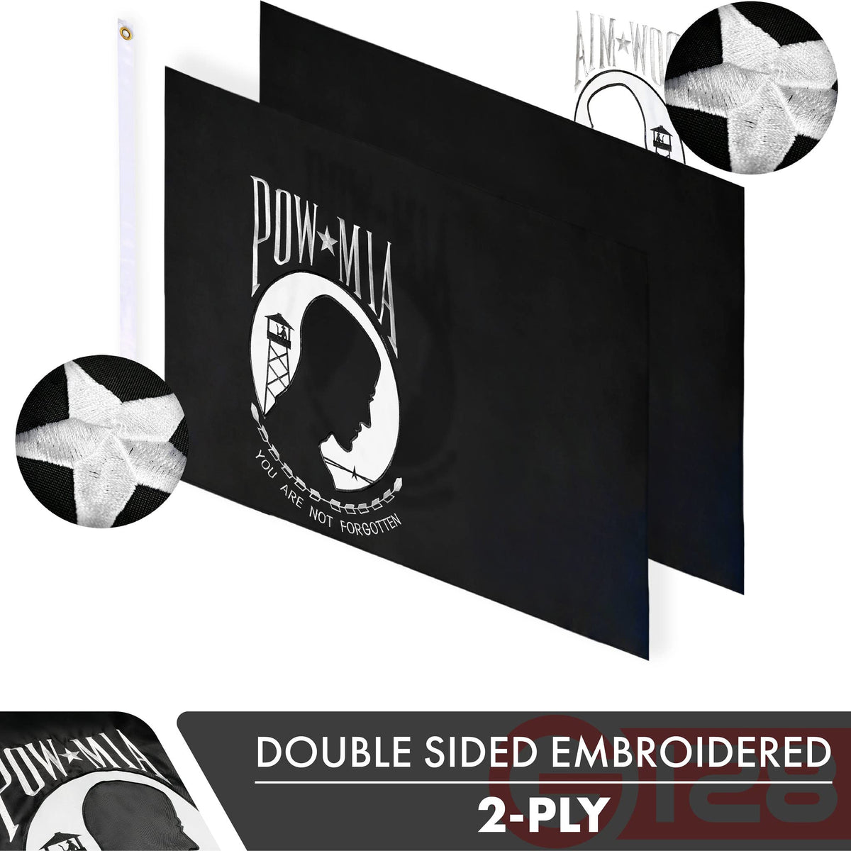 G128 POW MIA flag dual-side embroidery ensures readable text from both sides.