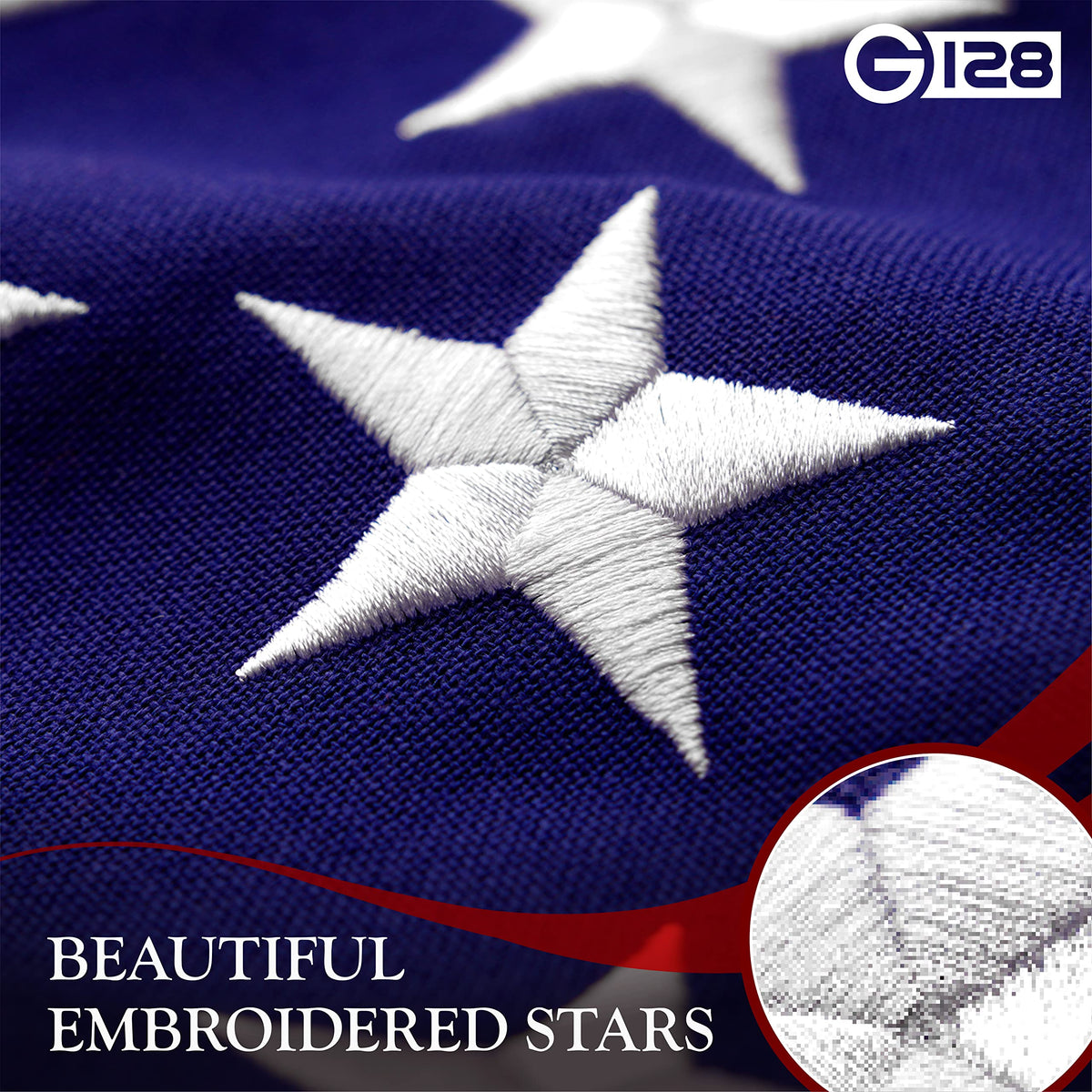 G128 flag with sewn stripes highlighting long-lasting construction.