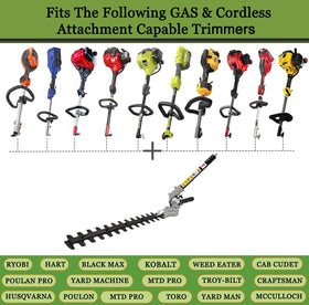 Gabasinover hedge trimmer attachment model-fit examples indicate broad power-head compatibility.