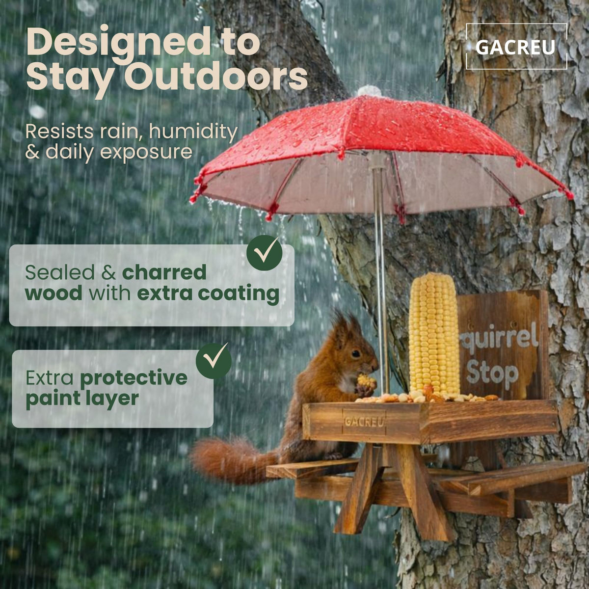 GACREU Squirrel Feeder Picnic Table drainage holes keep food fresh.