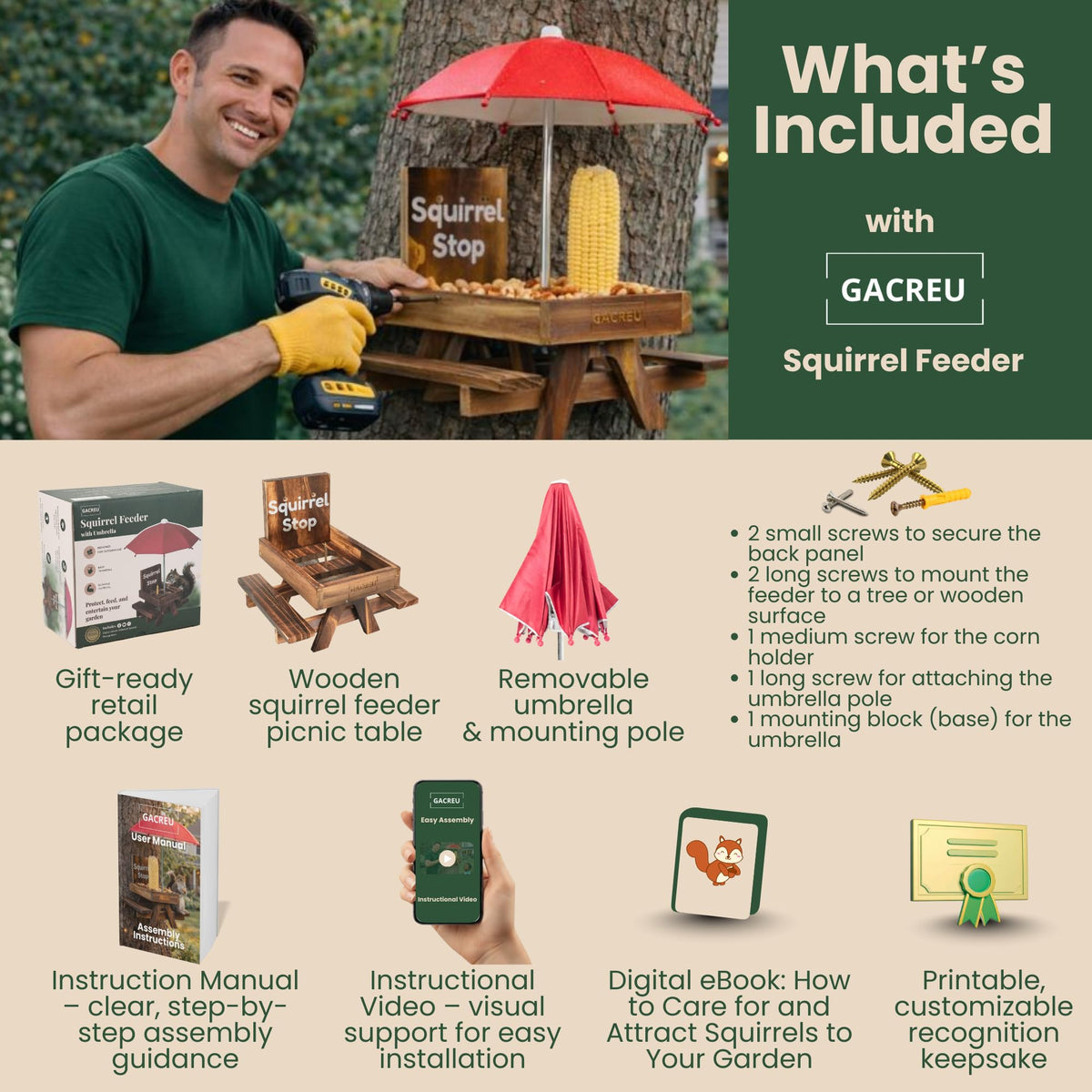 GACREU Squirrel Feeder removable umbrella protects snacks outside.