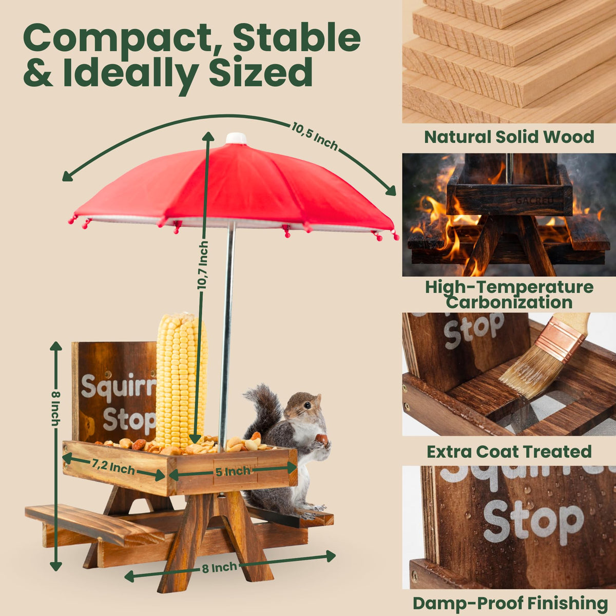 GACREU Squirrel Feeder wide seating area invites comfortable snacking outdoors.