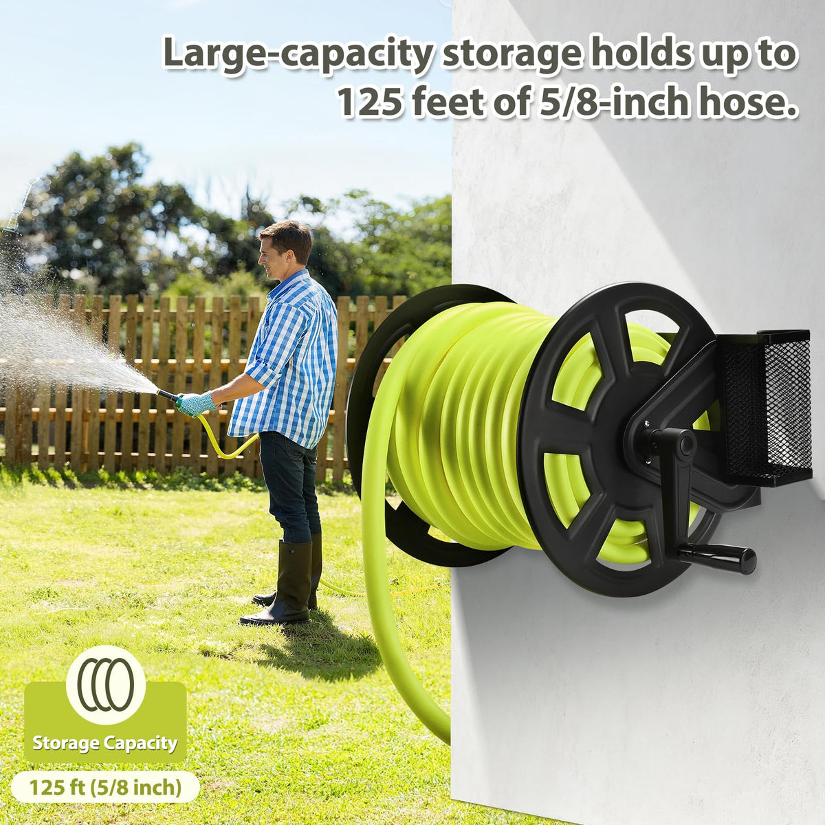 GADFISH hose reel in use in a backyard for irrigation and cleaning.
