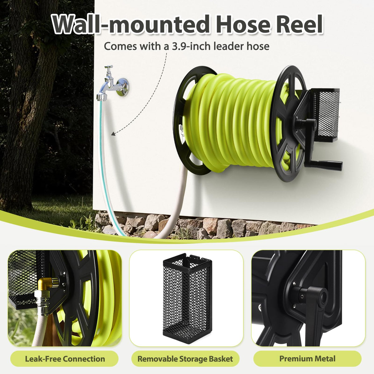 GADFISH wall-mounted hose reel kit saves ground space in compact yards.