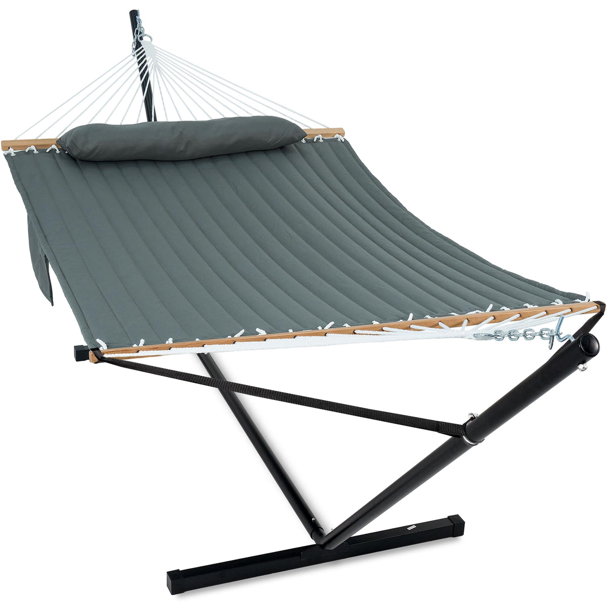 GAFETE double hammock with stand in mist green for outdoor relaxation.
