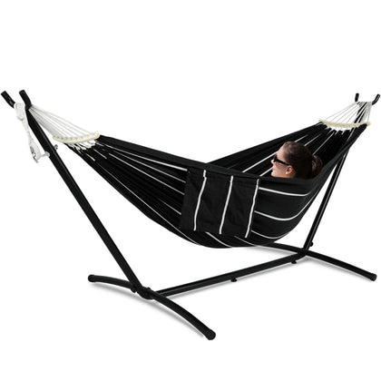 GAFETE double hammock with stand in outdoor setup for two people