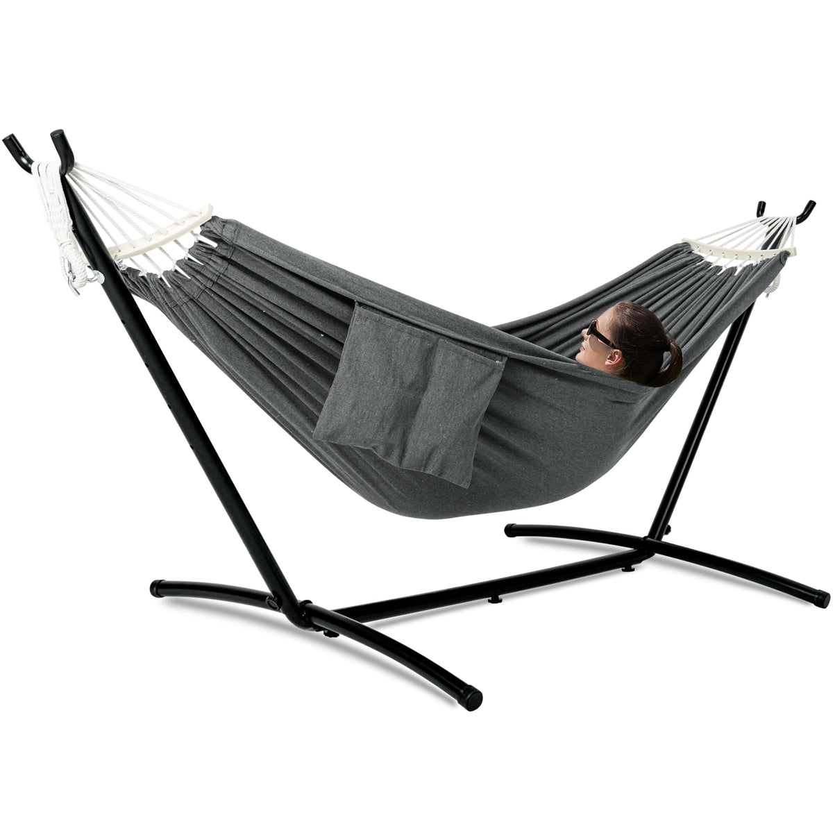 Gafete double hammock with stand outdoors, ideal for shared relaxation.
