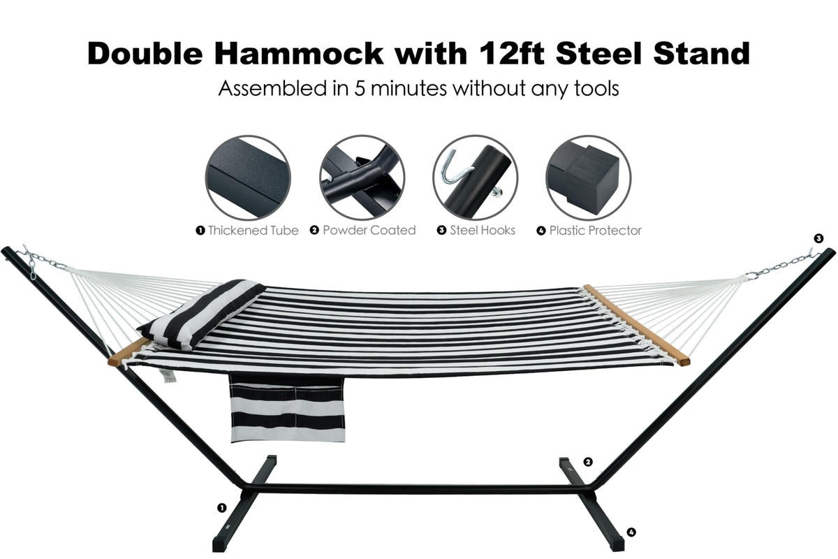 Gafete hammock assembly steps illustrate tool-free setup in minutes.