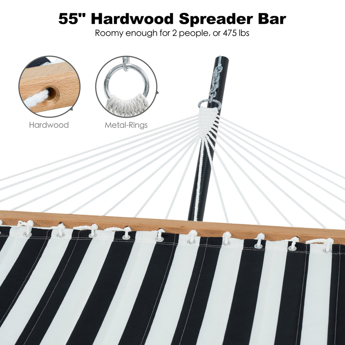 Gafete hammock dimension 144 inches shows ample lounging space for two.