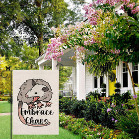 GAGEC opossum garden flag, double-sided print readable from both directions.