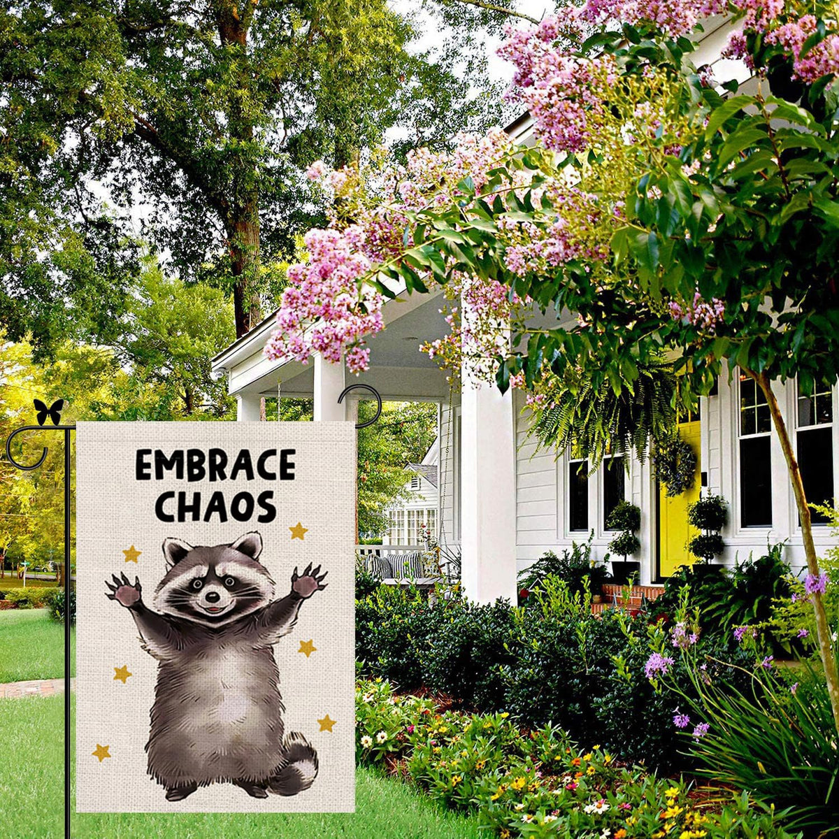 GAGEC garden flag raccoon burlap back, double-sided print visible from both directions.