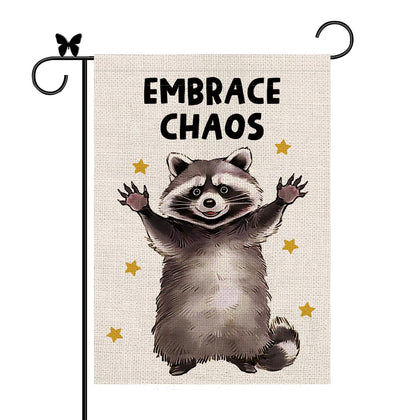 GAGEC garden flag raccoon burlap front, durable and weather resistant for outdoor use.