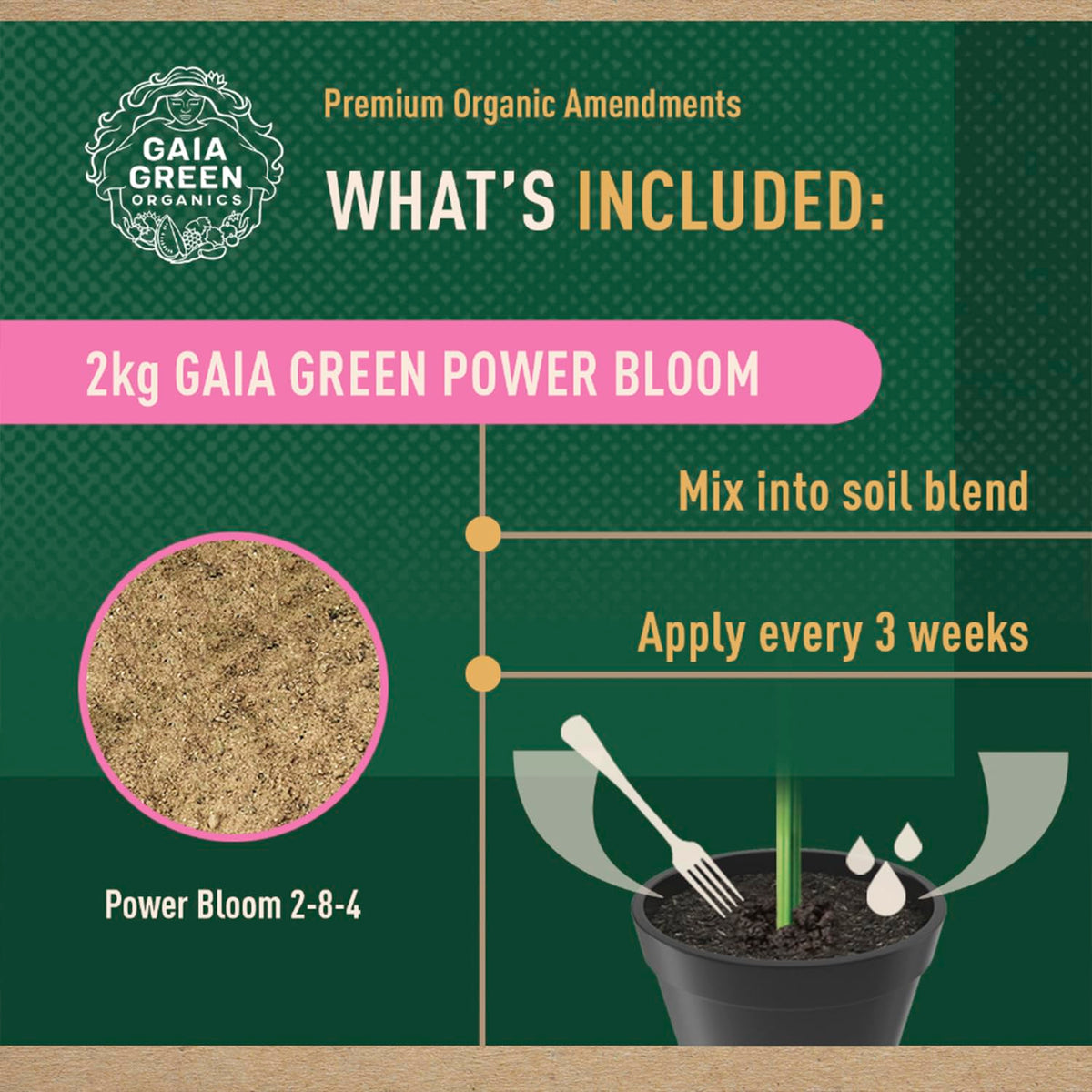 Gaia Green Power Bloom granulated pouch for quick soil mixing.