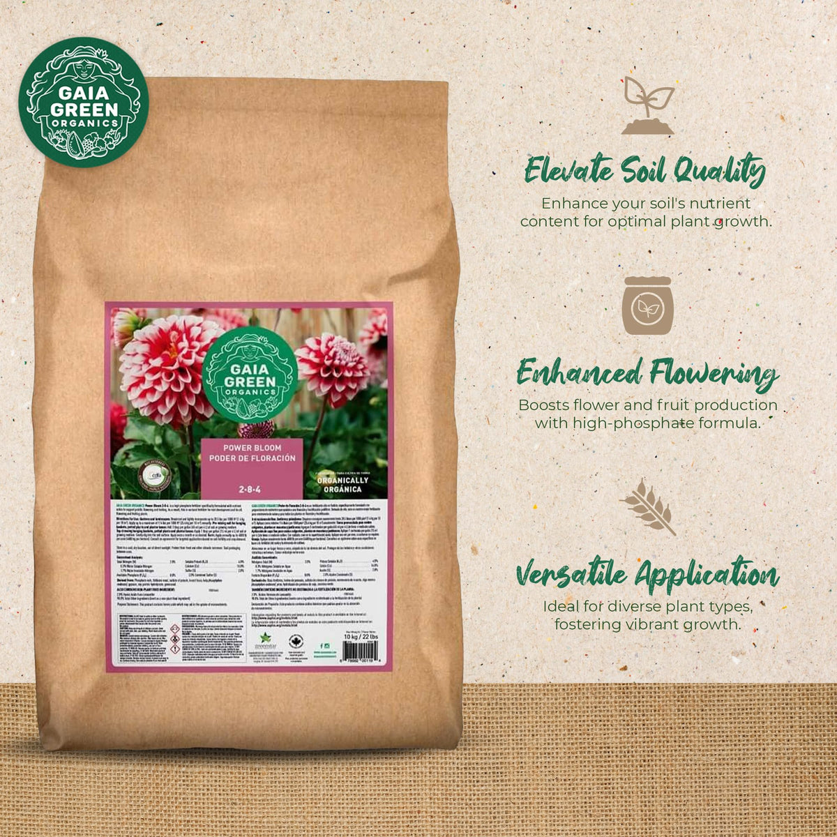 Gaia Green Power Bloom granules close-up highlighting high phosphorus for blooms.