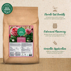 Gaia Green Power Bloom granules close-up highlighting high phosphorus for blooms.
