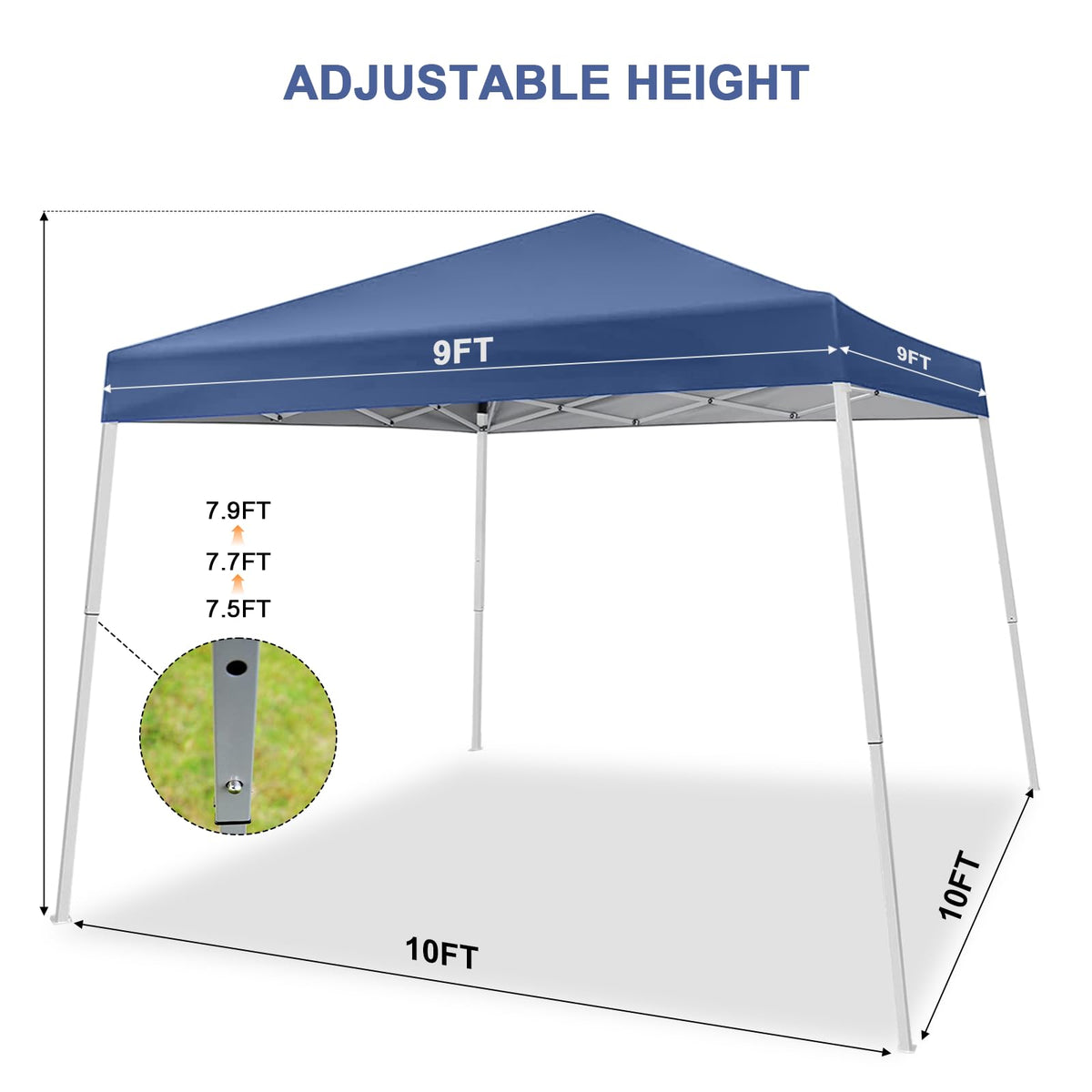 Gaildon 10x10 blue canopy side view showing slant legs for stability