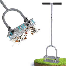 GAINO lawn aerator with 15 spikes penetrating compacted soil for deeper root access.