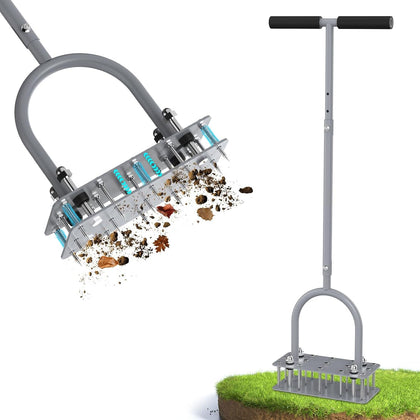 GAINO lawn aerator with 15 spikes penetrating compacted soil for deeper root access.