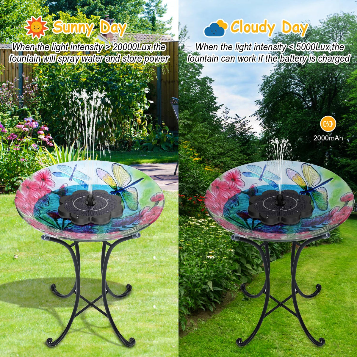 GAIZERL fountain in a bird bath attracts hummingbirds with varied spray patterns.