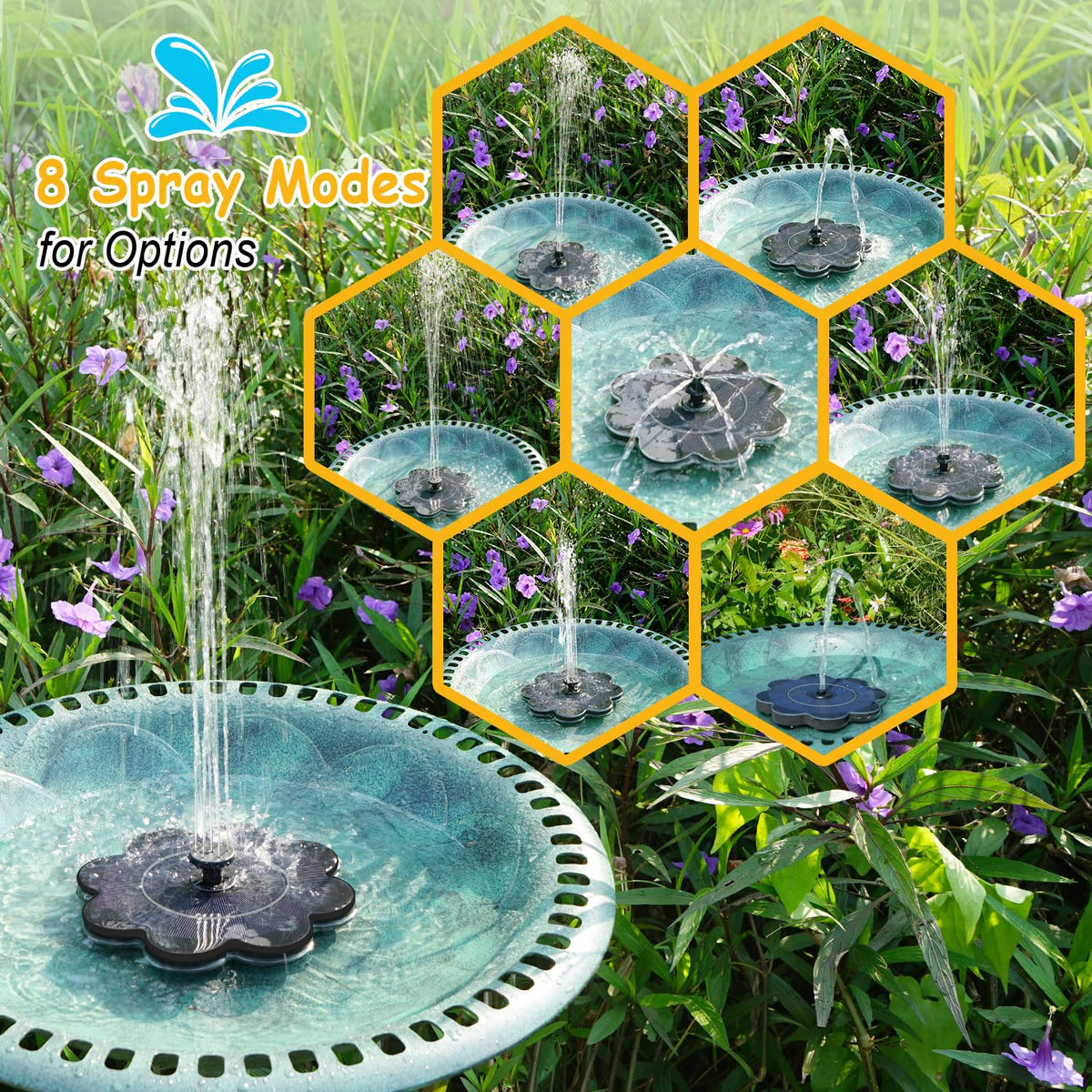 GAIZERL fountain with eight spray modes creates dynamic garden water displays.