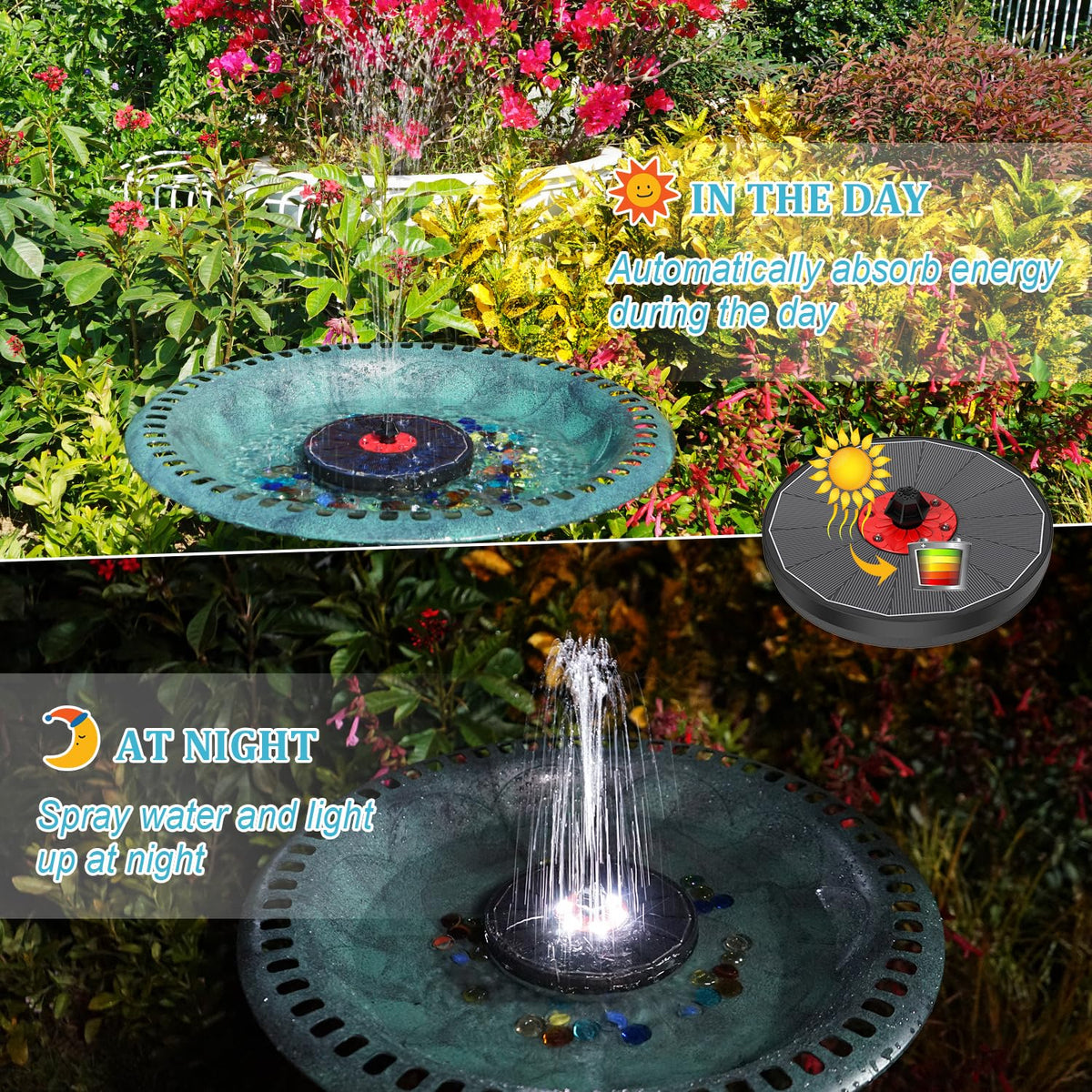 GAIZERL LED night display lights after dark for ambient water display.