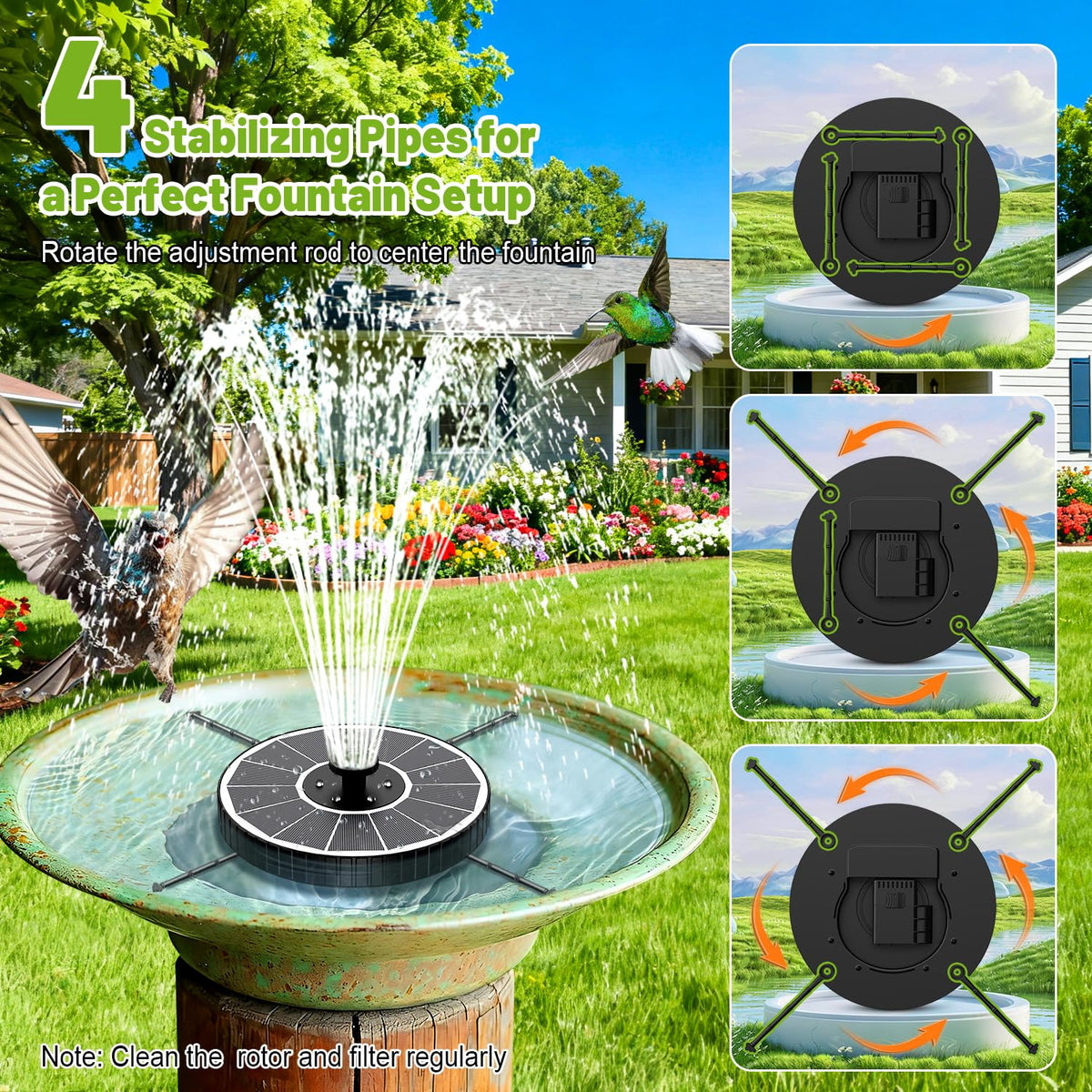 GAIZERL solar fountain 2000mAh battery powers extended night displays