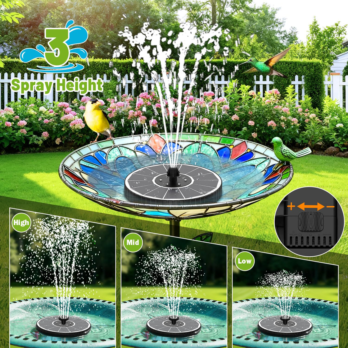 GAIZERL solar fountain with rotating stabilizer rods keeping spray centered