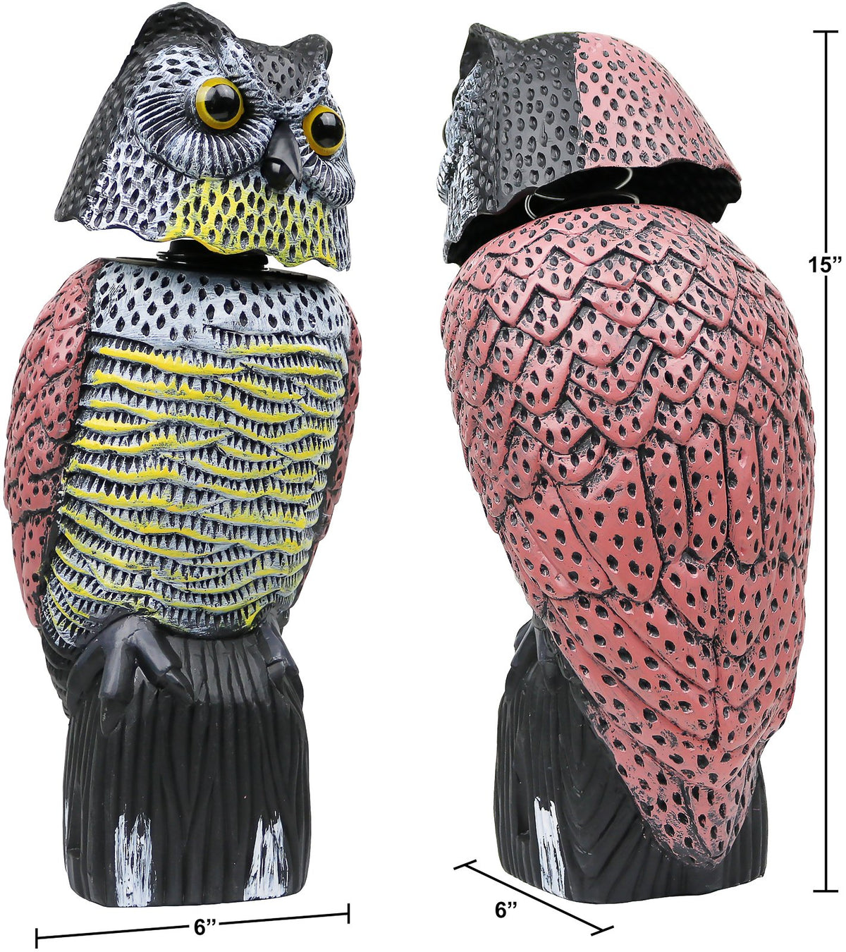 Galashield owl decoy shown in garden setting deters birds safely.