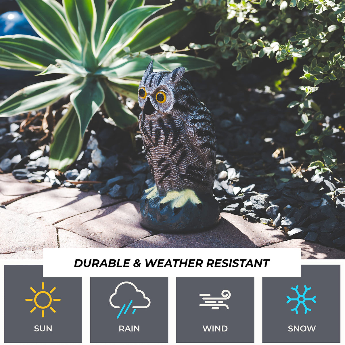 Galashield Owl Decoy mounted on a pole for easy setup.