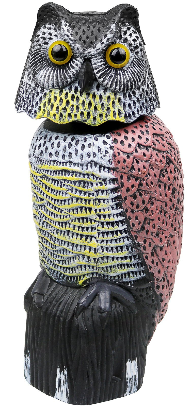 Galashield owl decoy with rotating head deters birds in gardens.