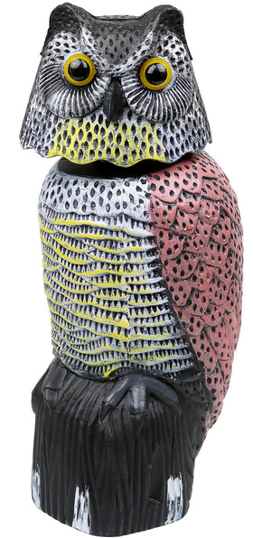 Galashield owl decoy with rotating head deters birds in gardens.