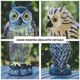 Galashield plastic owl statue features reflective eyes for deterrence outdoors.