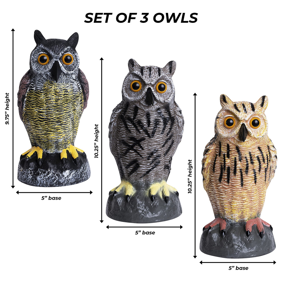 Galashield owl decoy helps protect crops and plants in orchards.