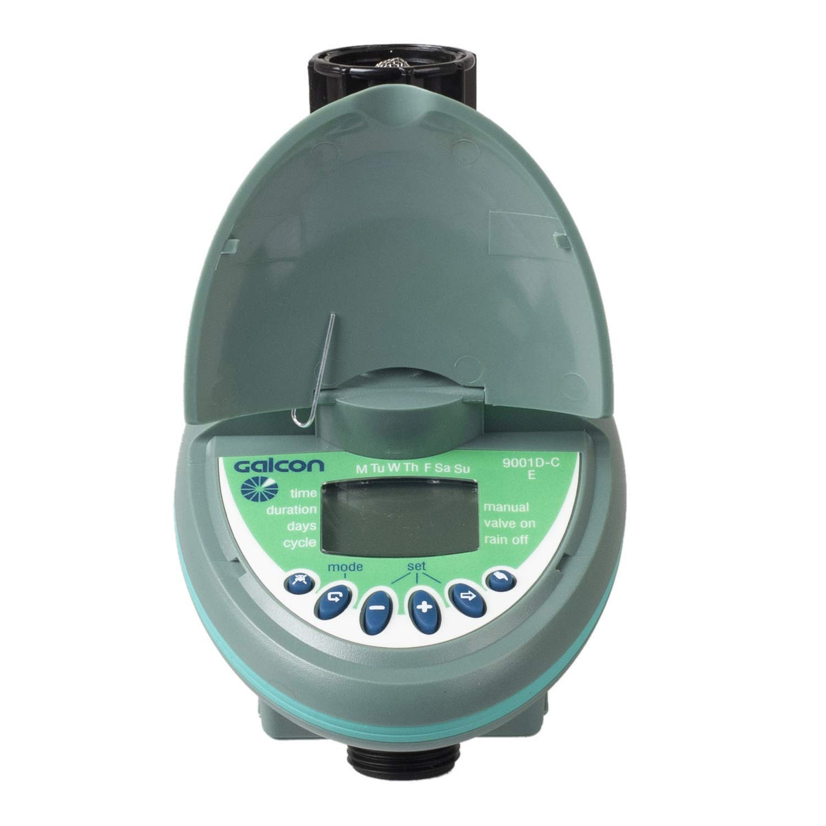 Galcon 9001D supports drip and sprinkler modes for gardens and patios.