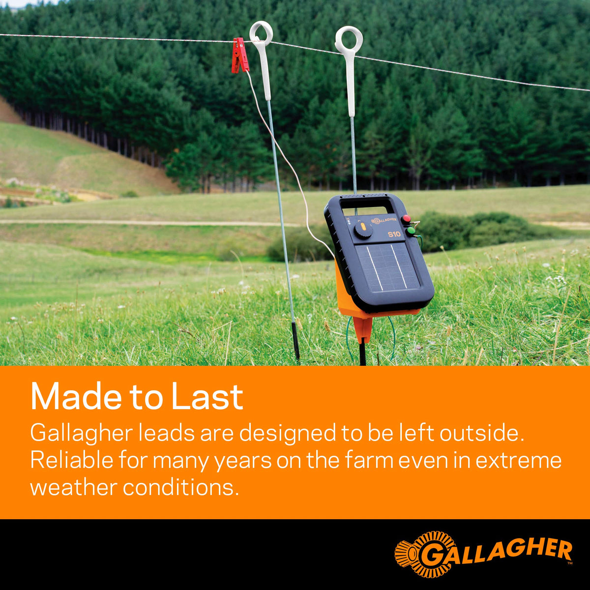 Gallagher energizer-to-fence connection highlights secure performance in ranch settings.