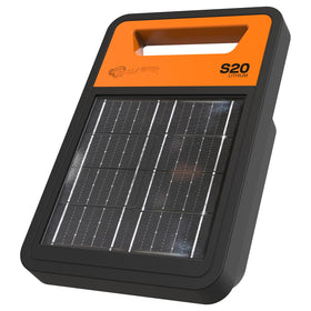 Gallagher S20 front view solar energizer powering remote fences for livestock safety.