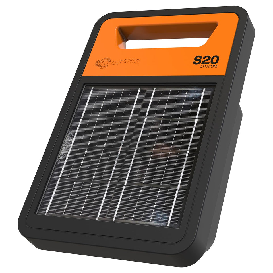 Gallagher S20 front view solar energizer powering remote fences for livestock safety.