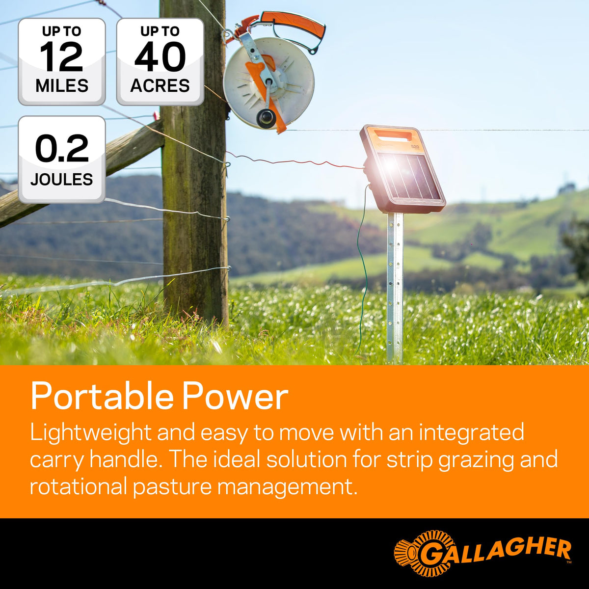 Gallagher S20 in off-grid pasture, enabling rotational grazing.