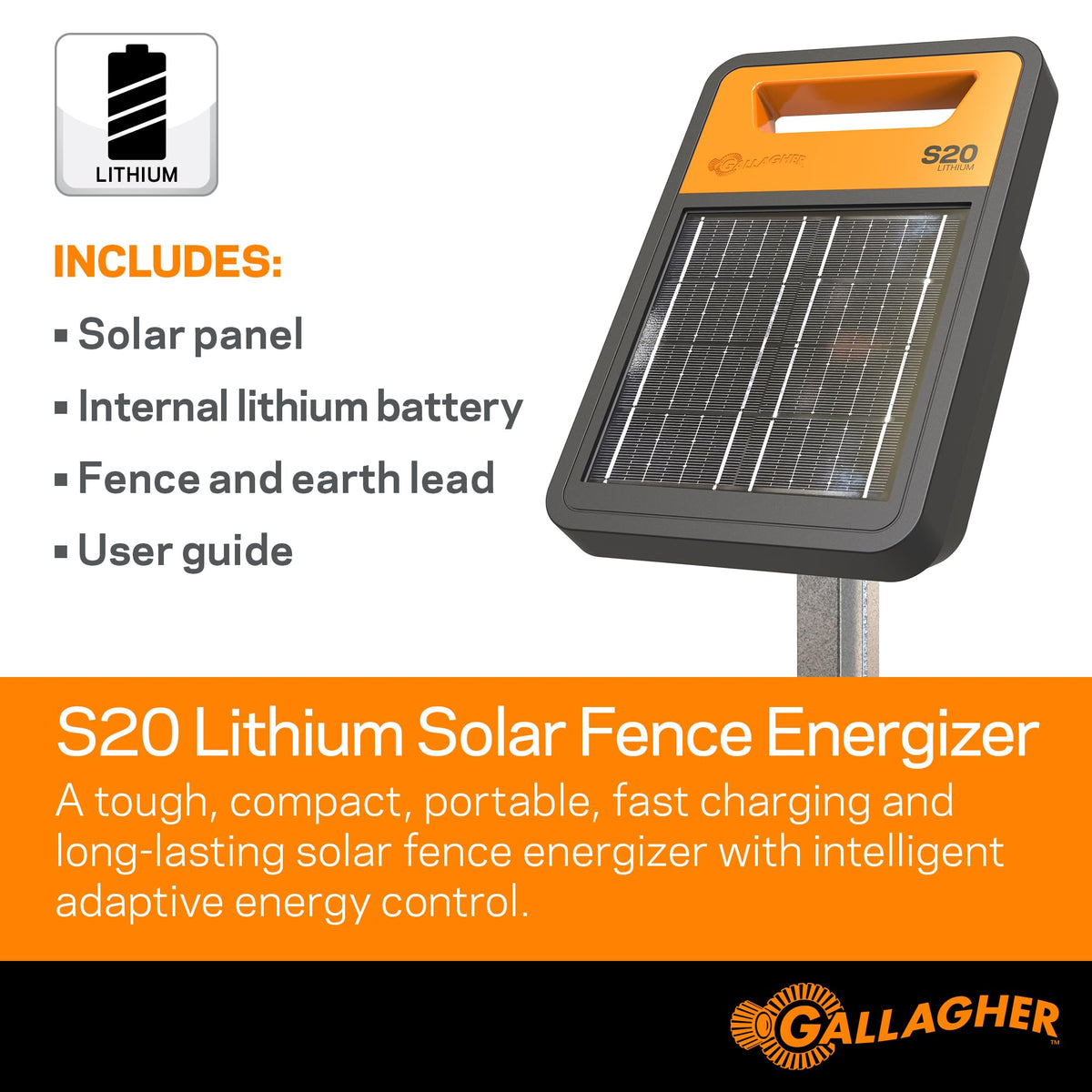 Gallagher S20 solar panel and lithium battery delivering rapid recharge for continuous fence power.