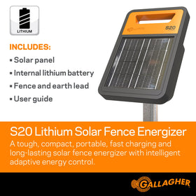 Gallagher S20 solar panel and lithium battery delivering rapid recharge for continuous fence power.