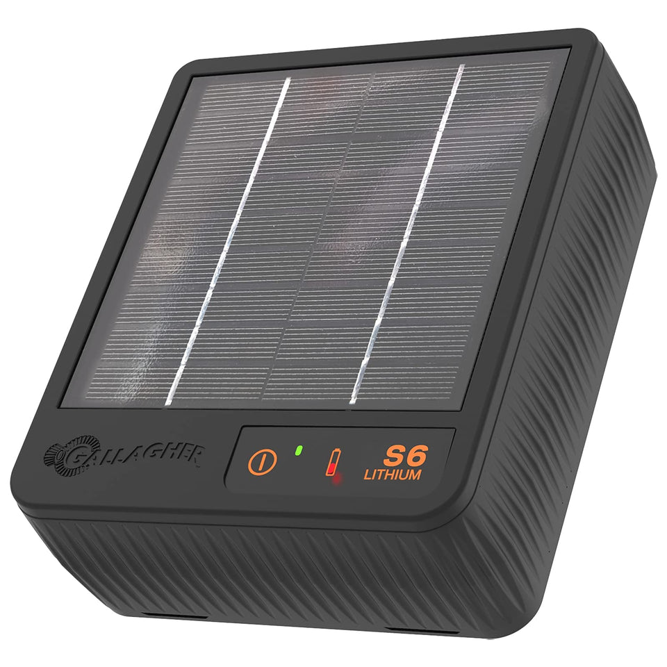 The Gallagher S6 solar charger shows a compact design ideal for gardens and coops.