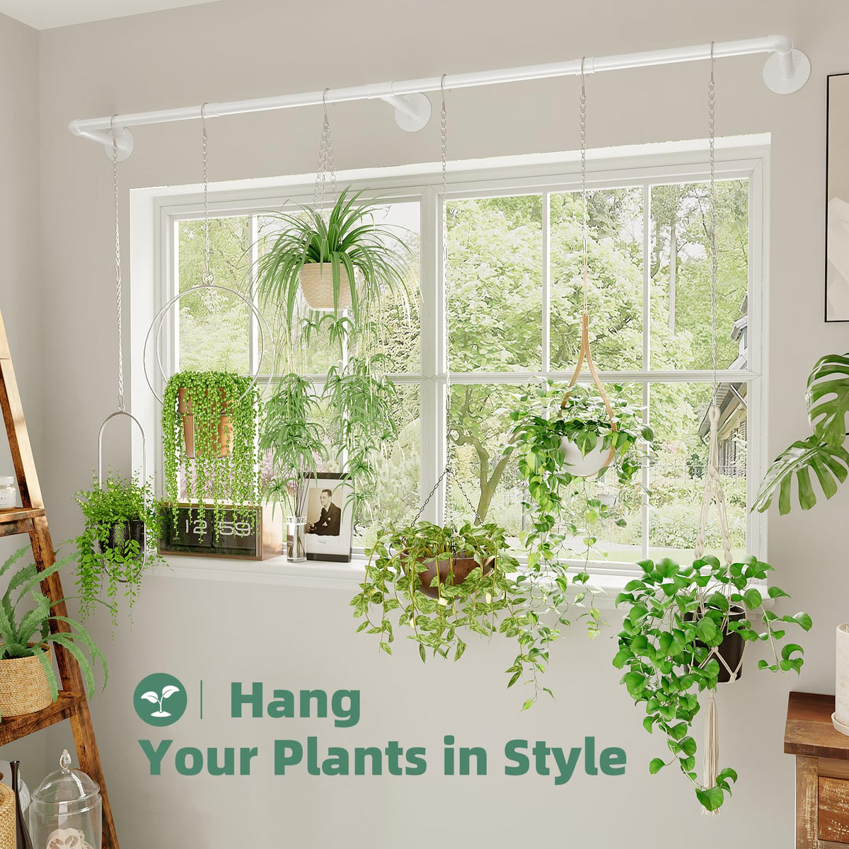 Galood plant hanger features threaded joints and pivot points for stable indoor use