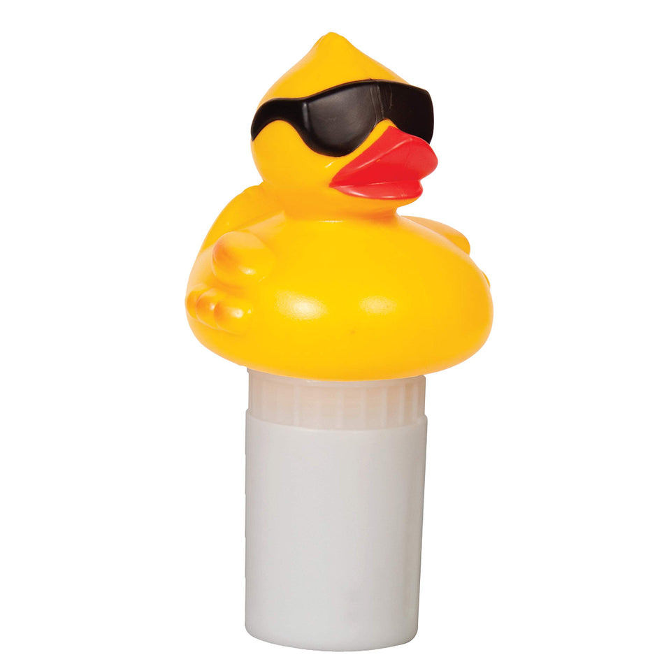 GAME Derby Duck chlorine dispenser floats on the pool, holding up to three 3-inch tablets for balanced sanitization.