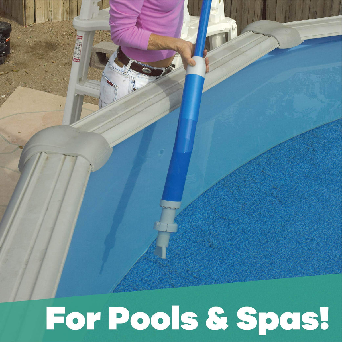 GAME handheld vacuum used on an above-ground pool showing portability