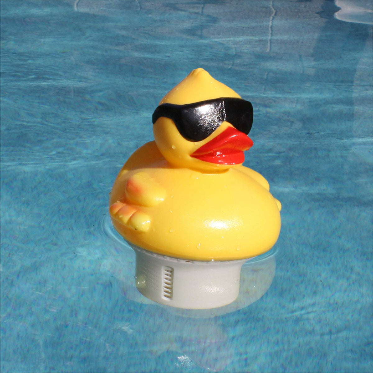 GAME solar light-up Derby Duck floats above the water, improving nighttime visibility and pool charm.