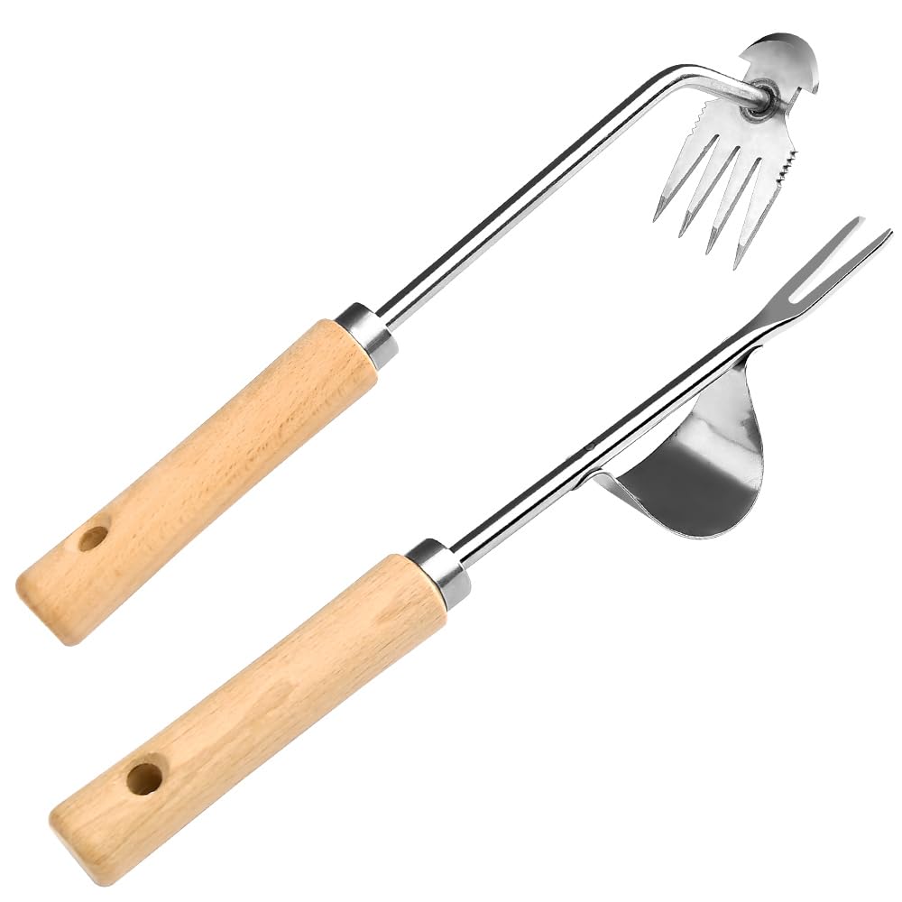 GANCHUN hand weeder tool 2-pack with wooden handles for easy weeding.